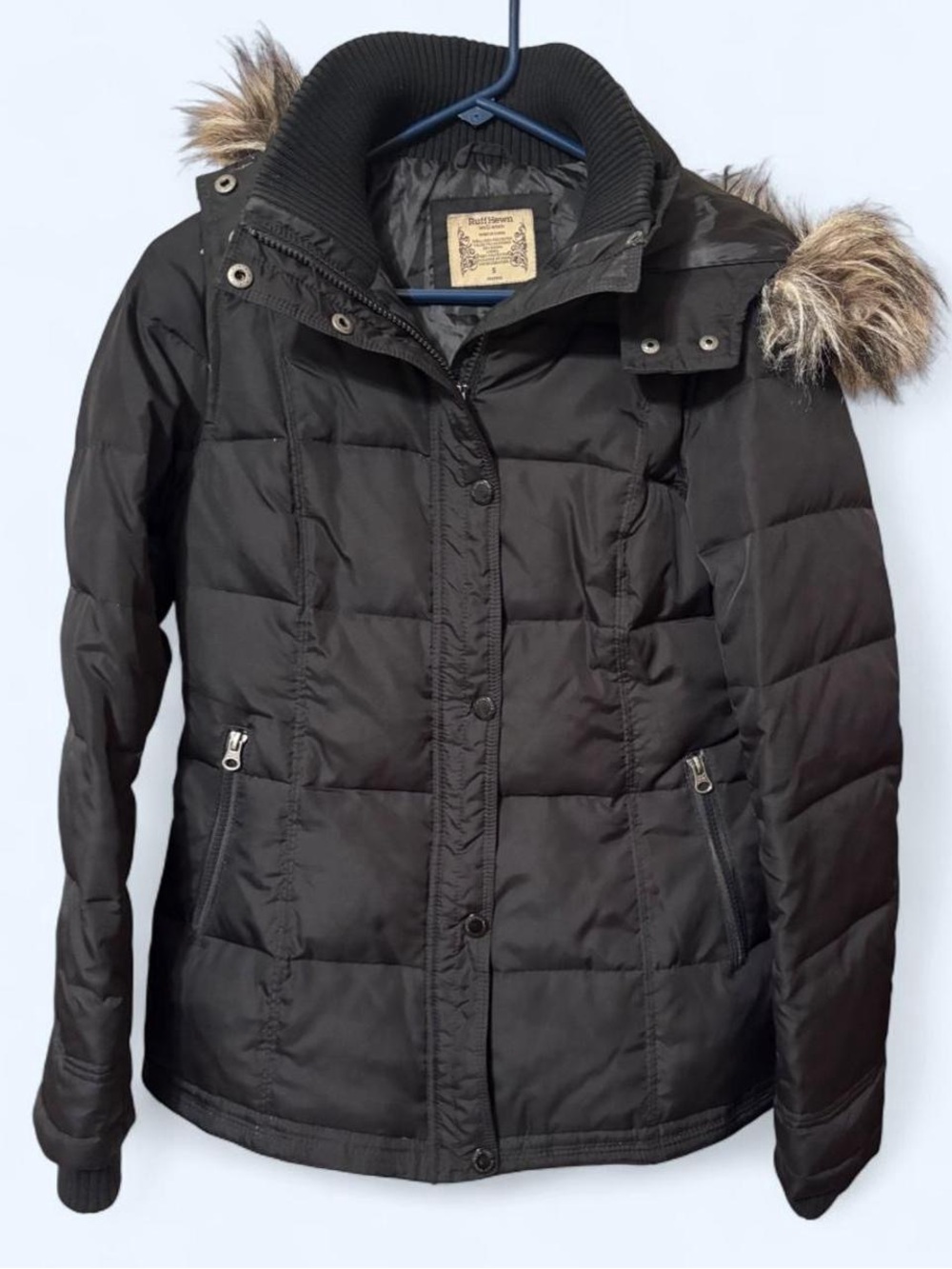 Y2K/Vintage Ruff Hewn Black Puffer Zip and Button-Up Jacket with Fur Hood Size S